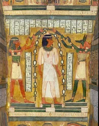 Das Trankopfer der Toten, Detail aus dem Inneren des Sarkophags von Amenemipet, einem Priester des Kultes von Amenophis I., das Anubis und die Göttin Maat zeigt, die Wasser über den Kopf gießen